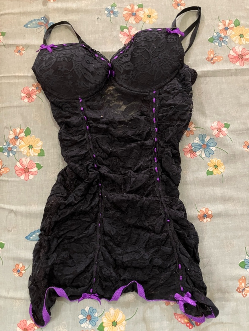 Black Lace Chemise with Purple Trim